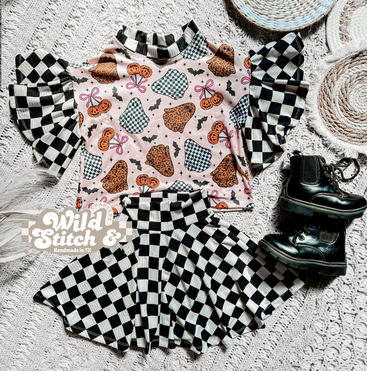 RTS 4T Set Girls Checker Halloween Ghosts Handmade Outfit