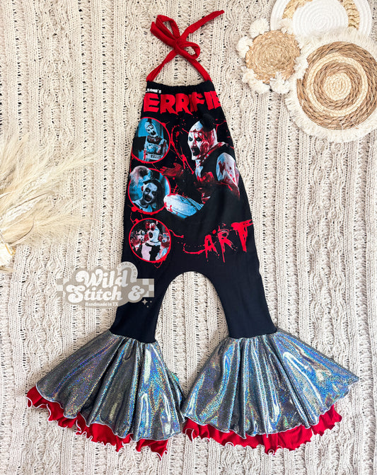 RTS 5/6Y Upcycled Halloween Frida Romper With Double Bells